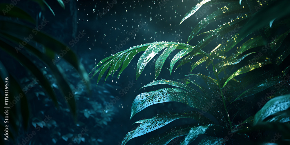 Φωτογραφία Tropical Rain at Night: Lush, dark green foliage glistening under the soft glow of moonlight during a gentle tropical rain