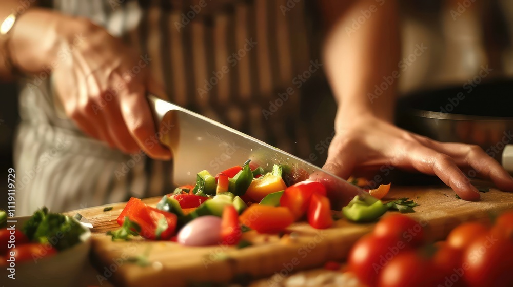 close-up of woman's hands slicing vegetables with a modern knife while cooking close-up of woman's hands slicing vegetables with a modern knife while cooking