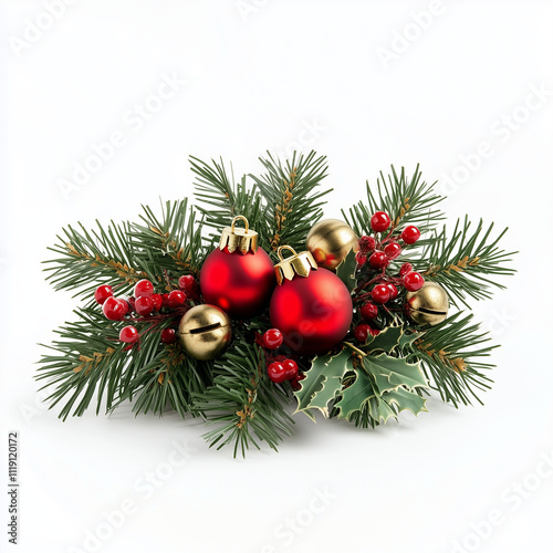 small christmas greenery with bells table isolated on white background, photo realistic, shot on table from the front view 