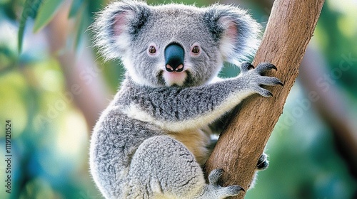 Adorable koala joey clinging to a tree branch. photo