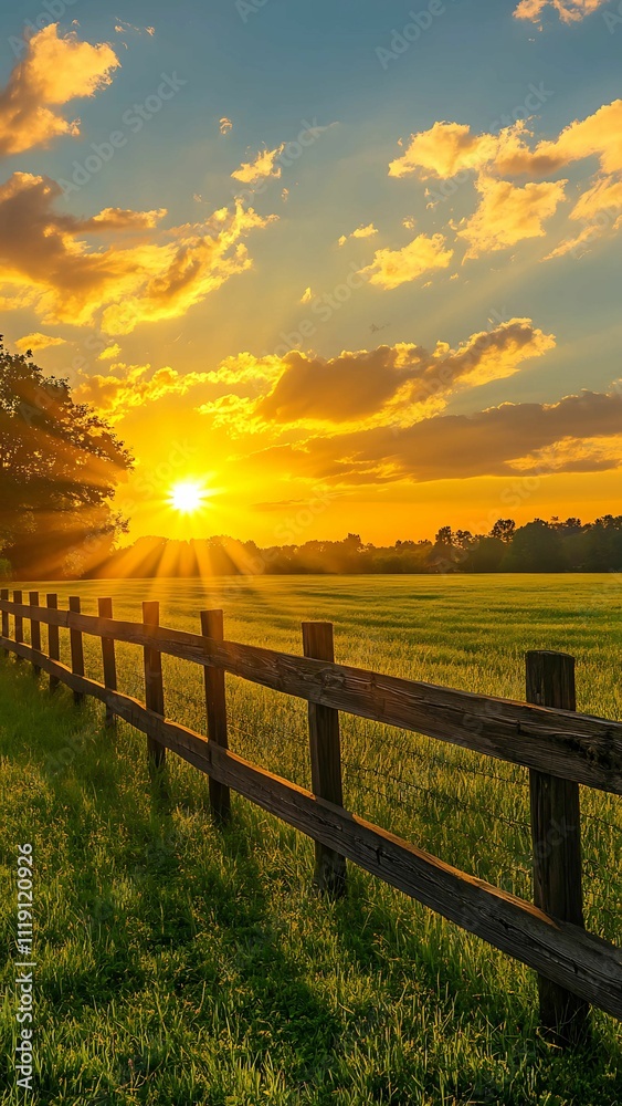 Obraz premium A breathtaking display of nature's artistry, where the sun's rays pierce the clouds, illuminating the field.