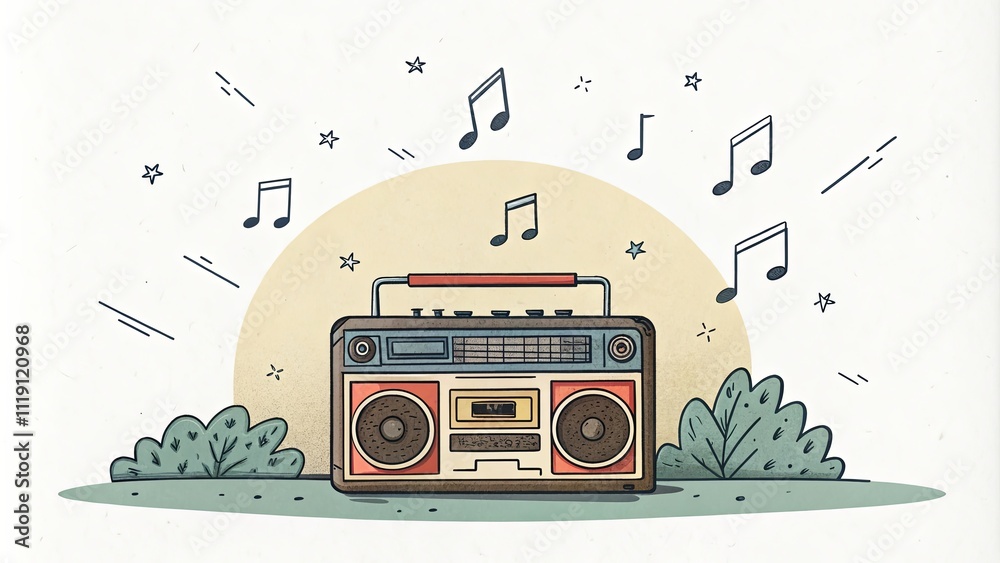 Fototapeta premium A cartoon radio with a bunch of notes around it