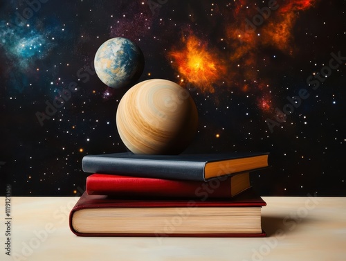 Books stacked with planets and stars in a cosmic background.