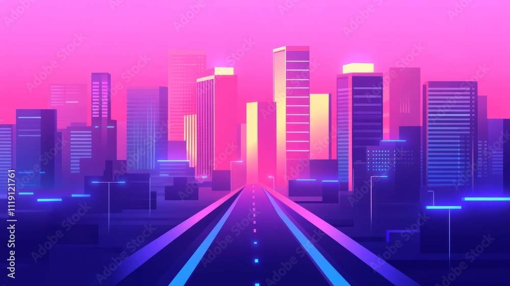 Vibrant Neon Cityscape at Dusk with Smooth Road Leading to Futuristic Skyline Under Gradient Purple and Pink Sky in Digital Art Style Vibrant Neon Cityscape at Dusk with Smooth Road Leading to Futuristic Skyline Under Gradient Purple and Pink Sky in Digital Art Style