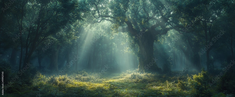 Sunbeams pierce through a mystical forest, illuminating a path amidst ancient trees and lush undergrowth.