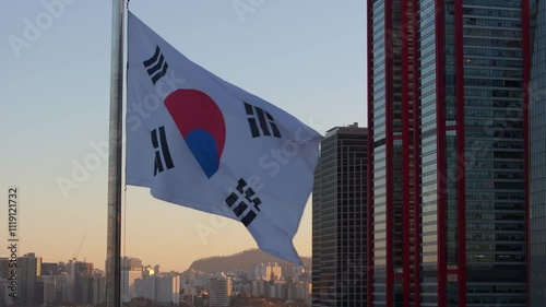 Flapping South Korean Flag with Seoul's Economic and Financial Hub in the Background, 여의도