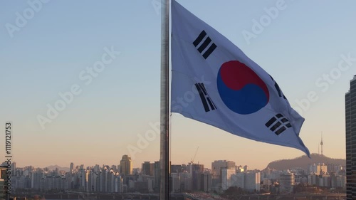Flapping South Korean Flag with Seoul's Economic and Financial Hub in the Background, 여의도