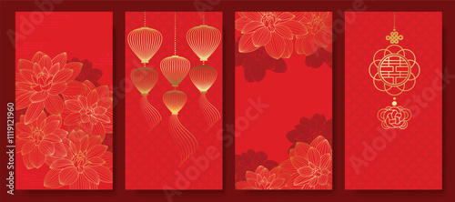 Chinese New Year 2025 hongbao red envelope design vector. Collection of Chinese festival with peony flower, lantern, pattern. Elegant oriental illustration for ang pao, cover, website, calendar, ads.
