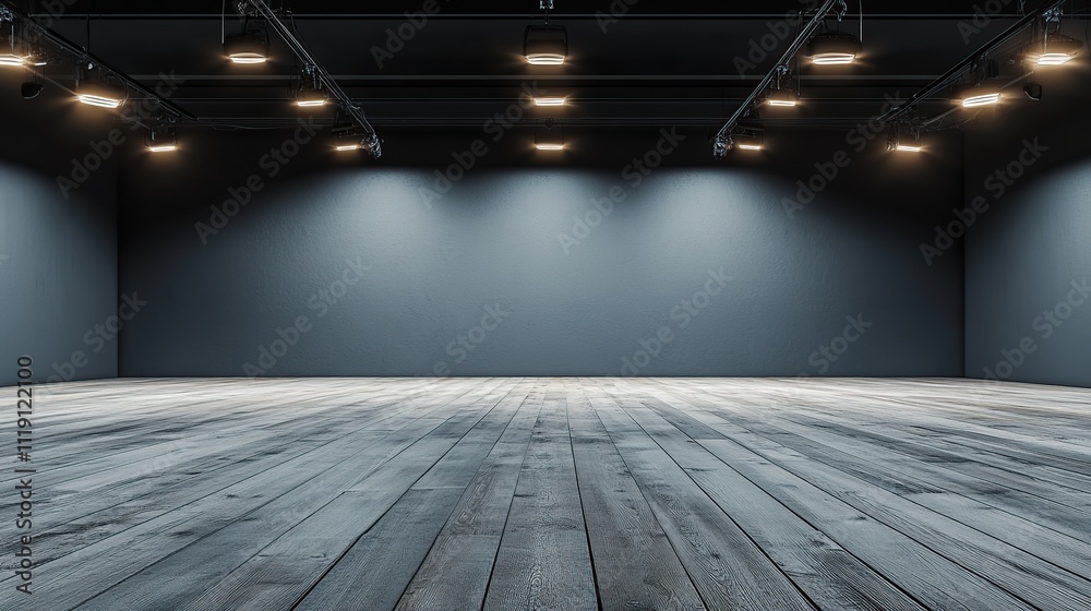 Empty dark room with wooden floor and spotlights. Empty dark room with wooden floor and spotlights.