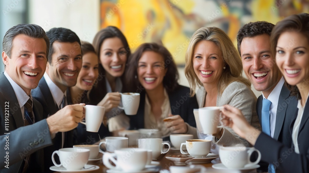 Happy business team enjoying coffee break together. Happy business team enjoying coffee break together.