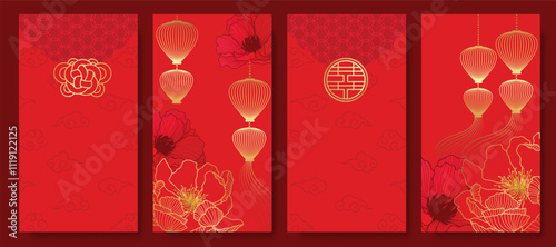 Chinese New Year 2025 hongbao red envelope design vector. Collection of Chinese festival with peony flower, lantern, pattern. Elegant oriental illustration for ang pao, cover, website, calendar, ads.