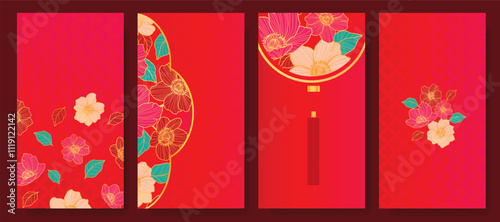 Chinese New Year 2025 hongbao red envelope design vector. Collection of Chinese festival with peony flower, pattern. Elegant oriental illustration for ang pao, cover, website, calendar, ads.