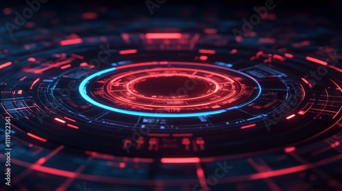 Wallpaper Mural Futuristic circular interface with glowing red and blue elements against a dark background for technology, science fiction, and digital concept designs Torontodigital.ca