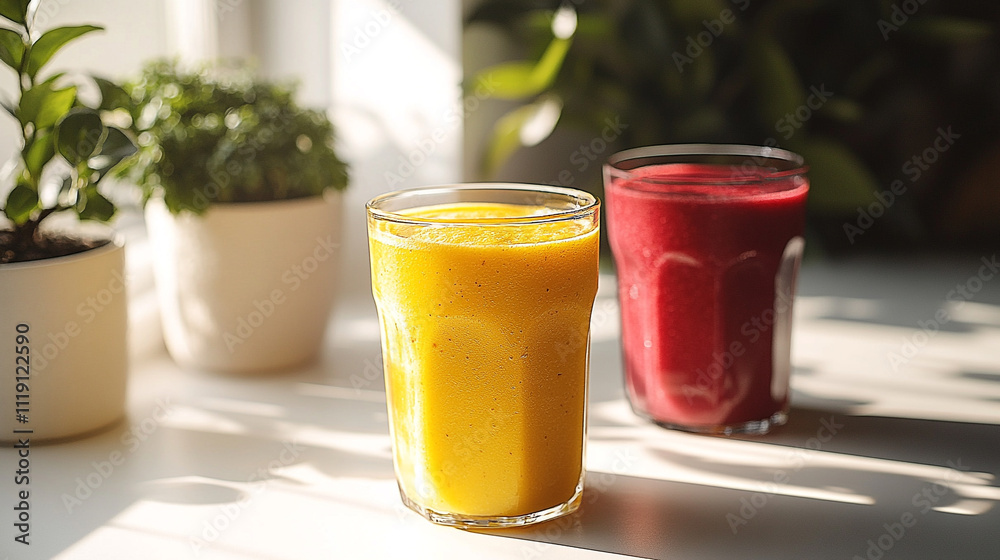 Refreshing duo of orange and beet juice glasses in sunlit minimalist setting Refreshing duo of orange and beet juice glasses in sunlit minimalist setting