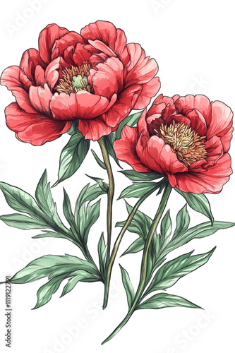 Classic peony isolated on transparent background. Hand drawn rose