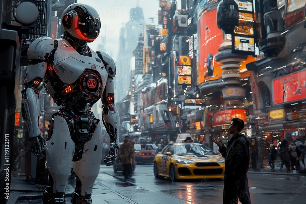 Futuristic robot stands on a busy, rain-slicked city street, amidst neon signs and bustling crowds. Futuristic robot stands on a busy, rain-slicked city street, amidst neon signs and bustling crowds.