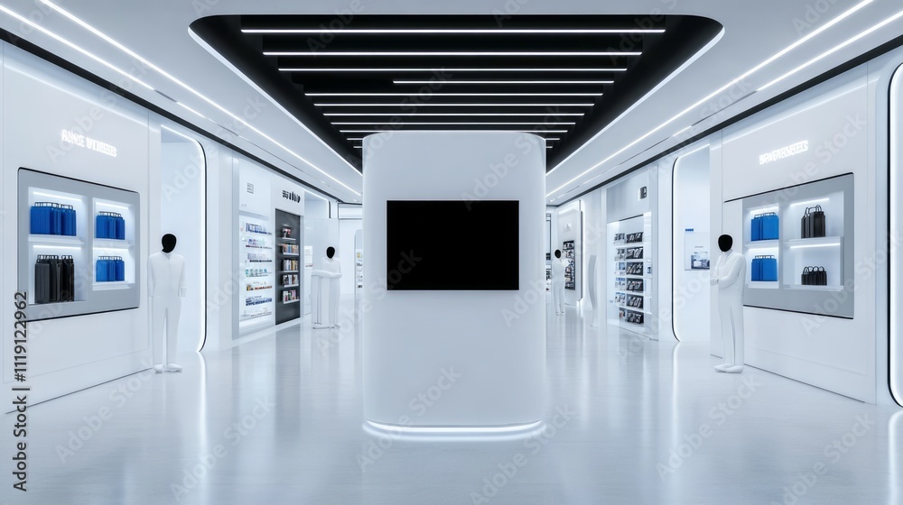 Modern Retail Space Featuring Sleek Displays and Minimalist Design Aimed at Highlighting Unique Product Offers in a Bright, Futuristic Environment Modern Retail Space Featuring Sleek Displays and Minimalist Design Aimed at Highlighting Unique Product Offers in a Bright, Futuristic Environment