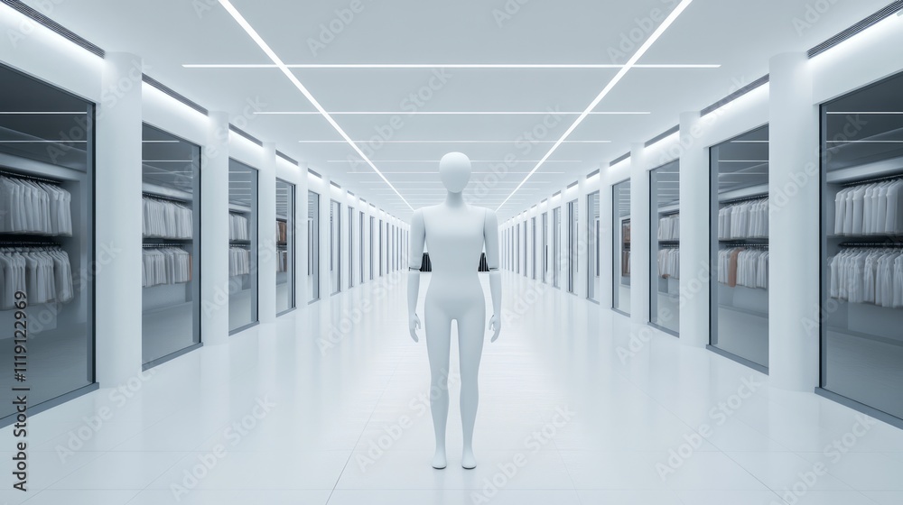 Futuristic Retail Space Featuring a Minimalist Display with a Human-Like Figure in an All-White Environment and Apparel in the Background Futuristic Retail Space Featuring a Minimalist Display with a Human-Like Figure in an All-White Environment and Apparel in the Background