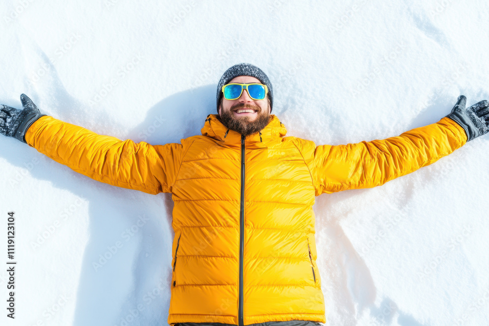 Happy man lying on pristine white snow, arms outstretched, enjoying winter Happy man lying on pristine white snow, arms outstretched, enjoying winter