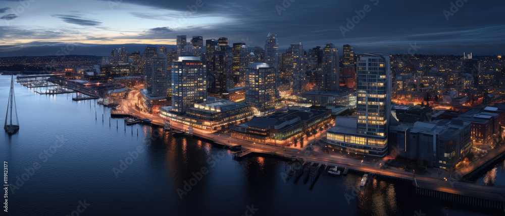 Obraz premium Metropolitan Twilight: Urban Waterfront Panorama