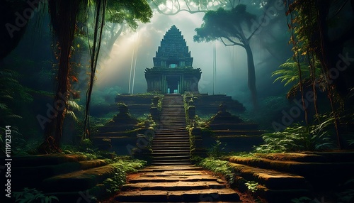 Fototapeta Naklejka Na Ścianę i Meble -  Ancient temple surrounded by lush jungle foliage.