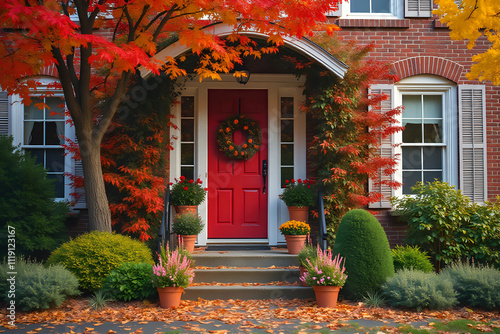 Red brick house entrance with seasonal wreath on door and porch and bay windows on autumn day with leaves on the ground and hydrageas still in bloom - colorful foliage photo