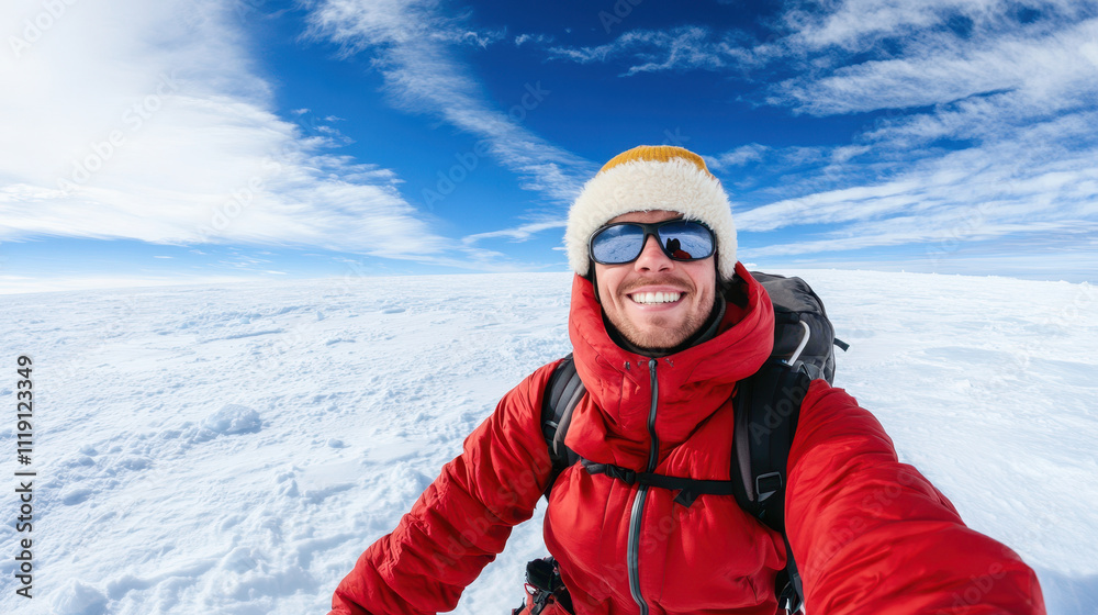 Young explorer in red jacket, smiling on ice field under bright sky Young explorer in red jacket, smiling on ice field under bright sky