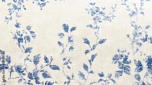 Blue and White Floral Pattern on Textured Canvas.
