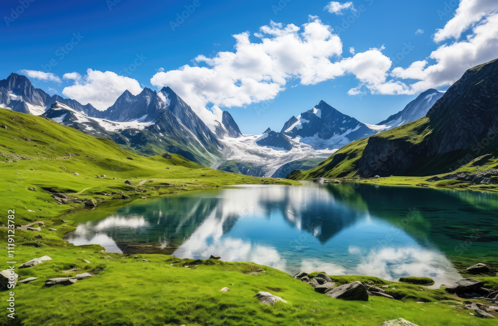 Serene Mountain Lake Oasis in Vivid Landscape Serene Mountain Lake Oasis in Vivid Landscape