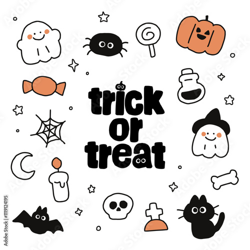 Halloween cat ghost pumpkin character pattern doodle drawing illustration, trick or treat typo