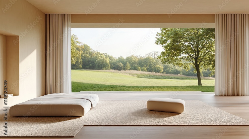 Fototapeta premium Minimalist bedroom features serene landscape view