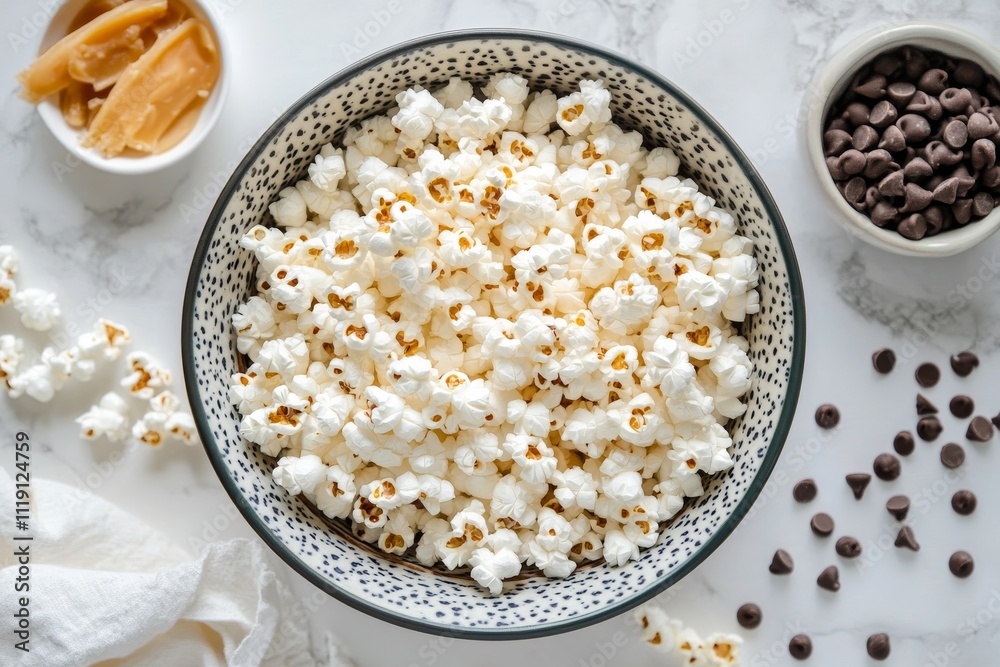 A Bowl of Popcorn with Caramel and Chocolate A Bowl of Popcorn with Caramel and Chocolate