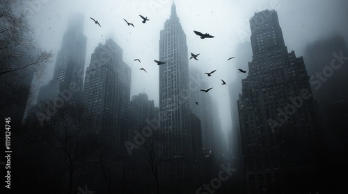 Foggy city skyscrapers with birds in flight.