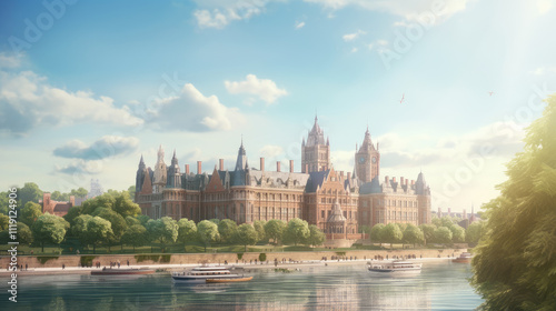Majestic Riverside Historic Building Under Blue Skies