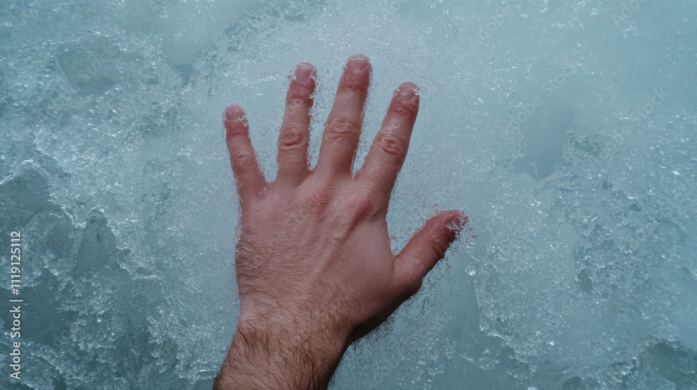 swimmer hand breaking surface of icy water, showcasing contrast of skin and ice swimmer hand breaking surface of icy water, showcasing contrast of skin and ice