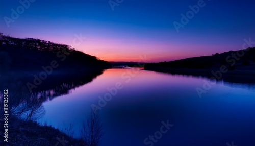 Serene twilight over a calm river landscape.