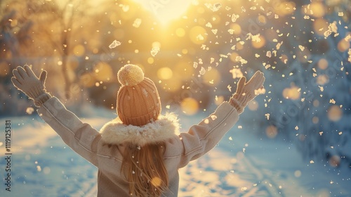 Young girl throwing snow in the air at sunny winter day, back view