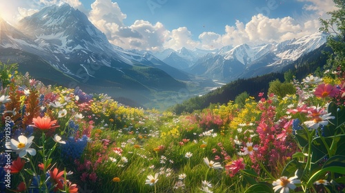 Visualize a stunning spring vista with a mountain meadow, wildflowers, and a bright sunshine