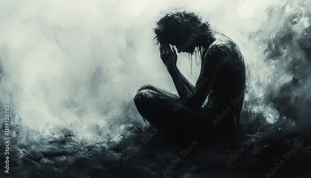 Fototapeta premium Silhouette of a Man Praying Before a Cross in Abstract Expressionism Style