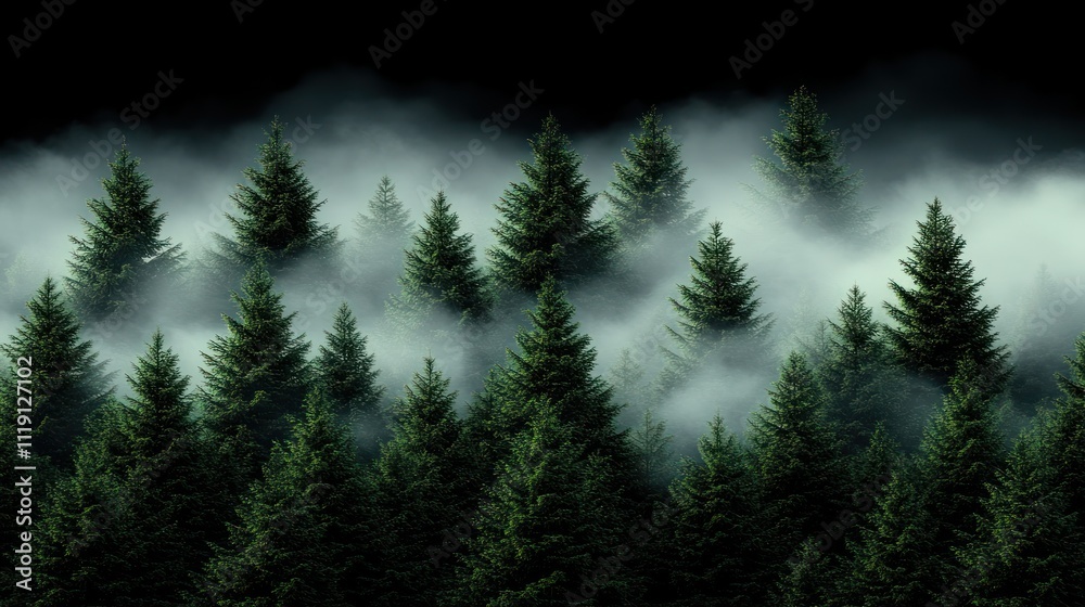 Obraz premium Foggy evergreen forest at night.