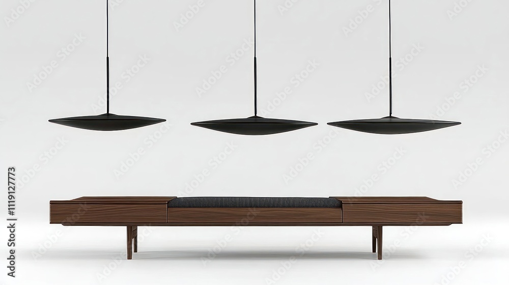 Modern minimalist wooden bench with three pendant lights Modern minimalist wooden bench with three pendant lights