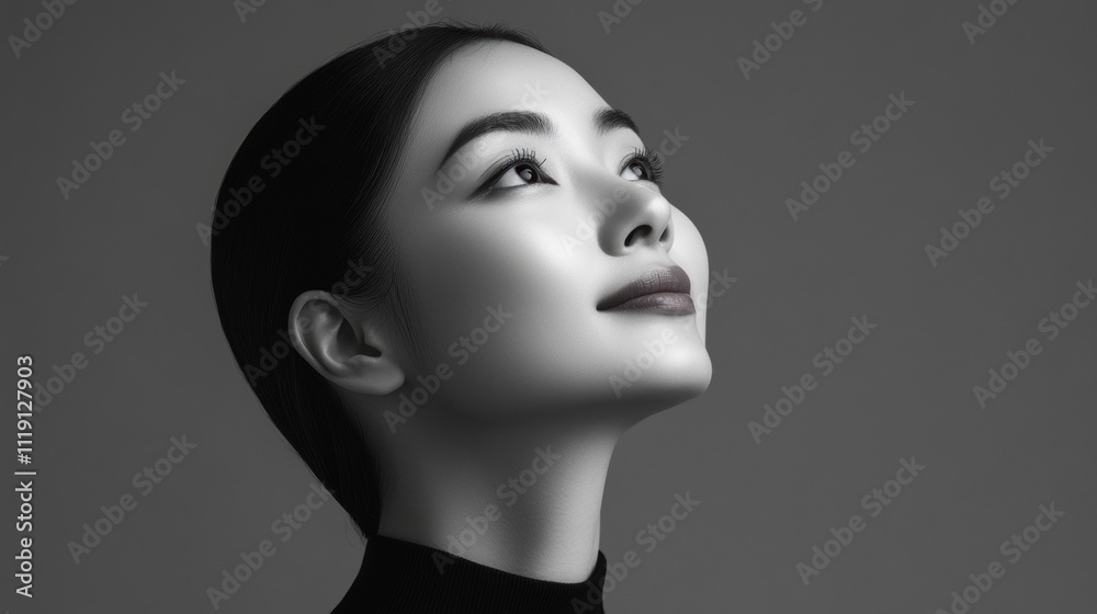 Elegant portrait of a woman gazing upward studio setting black and white photography artistic vision close-up perspective Elegant portrait of a woman gazing upward studio setting black and white photography artistic vision close-up perspective