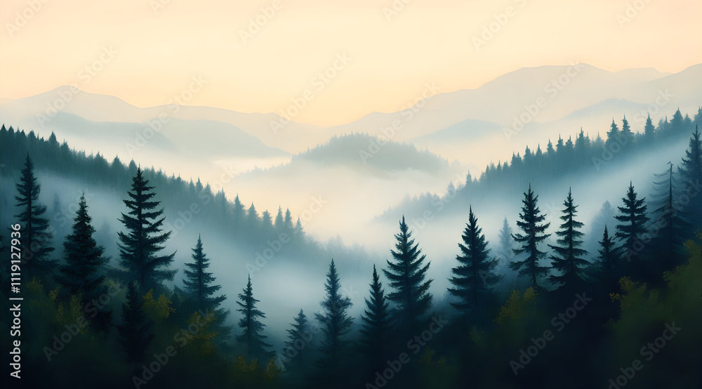 Obraz premium A serene forest landscape shrouded in mist, with silhouette-like trees against a softly colored sky and distant mountains.