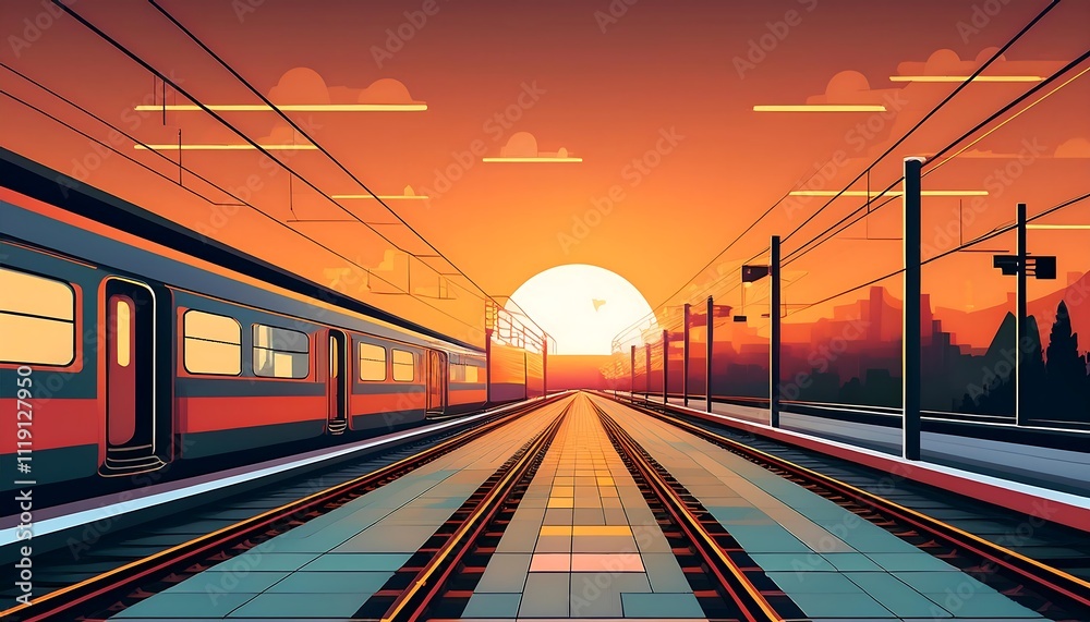 Sunset at a train station with railway tracks. Sunset at a train station with railway tracks.