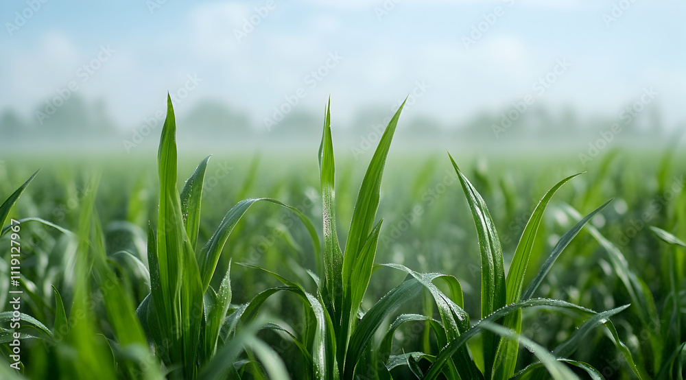 Obraz premium Lush green grass stretches towards the sky, enveloped in soft morning mist, creating a serene and tranquil landscape.