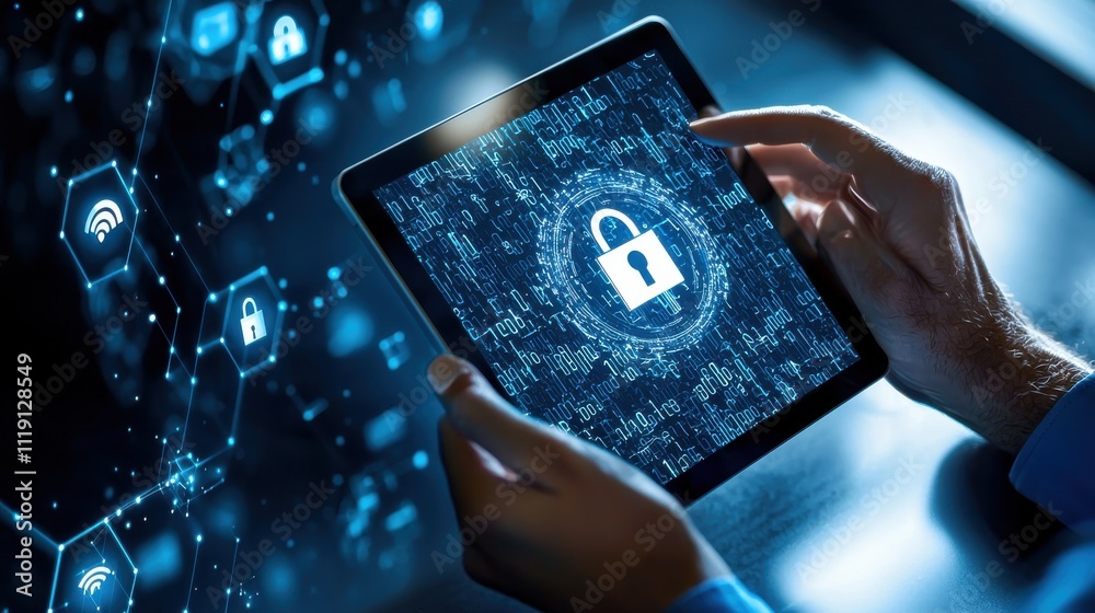 A cybersecurity specialist working on a tablet with a holographic display showing potential threats across a global supply chain network