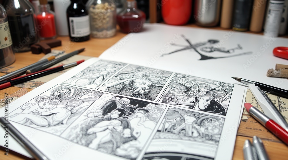 Close-Up View of Comic Book Sketches and Inked Panels Close-Up View of Comic Book Sketches and Inked Panels