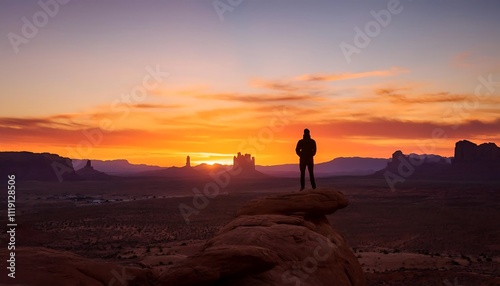 Silhouette against a vibrant sunset landscape.