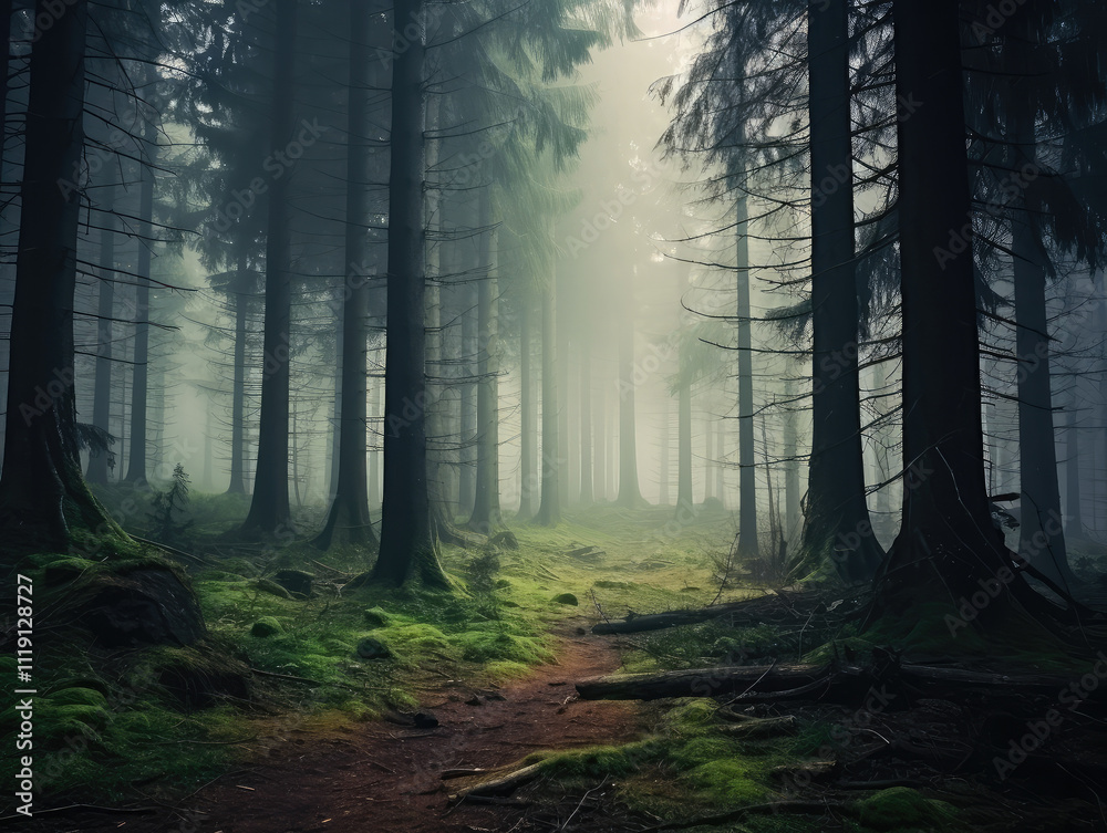 Naklejka premium Enchanting Misty Forest Path at Dawn