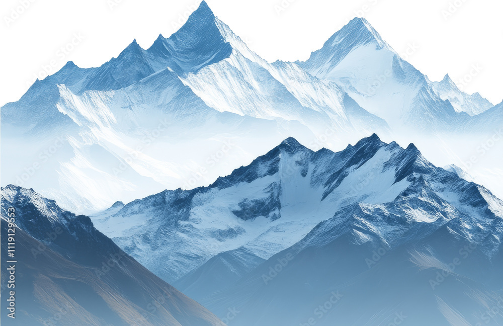 Snow-covered mountain peaks with misty atmosphere, serene nature and adventure concept